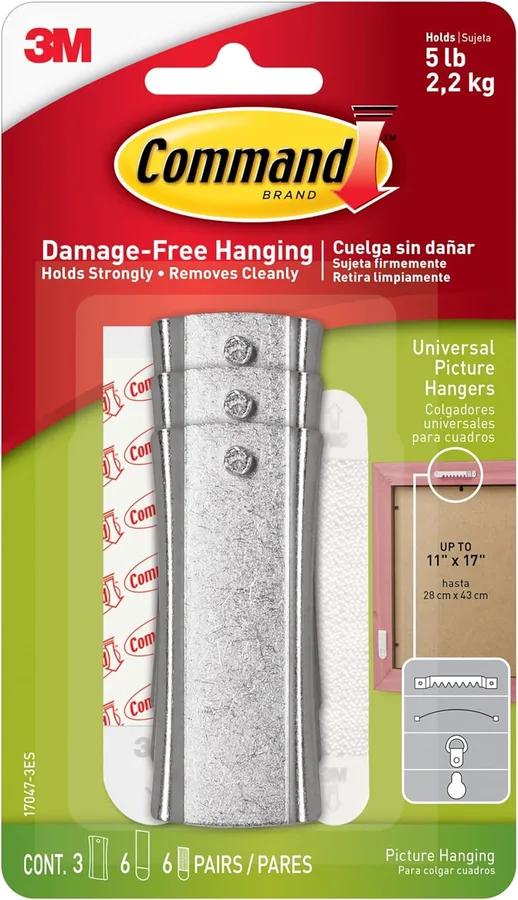 Command 5 lb Universal Picture Hanger, 3 Frame Hangers, 6 Command Strips and 6 Frame Stabilizer Strips for Sawtooth, D-Ring,