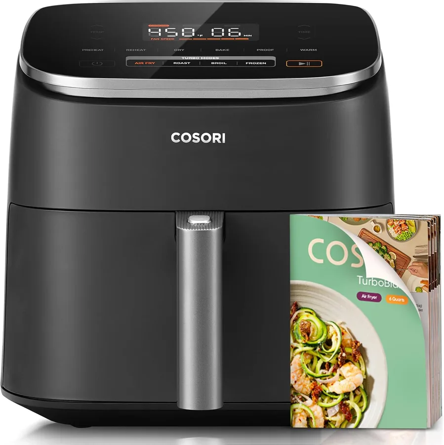 Cosori TurboBlaze Air Fryer, 9-in-1, 6 Qt, PFAS-Free Ceramic Coating | 90°–450°F, 5 Level Fan Speeds, 9 in 1 Air Fry, Roast, Bake, Broil, Dry, Frozen, Proof, Reheat, Keep Warm, Safety lock, 1725W