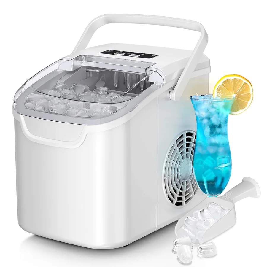 Countertop Ice Maker Machine, 26Lbs/Day Fastest 6‑Min Ice, Energy-Saving. | 8 bullet ice in 6min, 2 sizes, energy-saving, portable handle, Self-Cleaning, basket/scoop for Home/bar/RV/camping. White