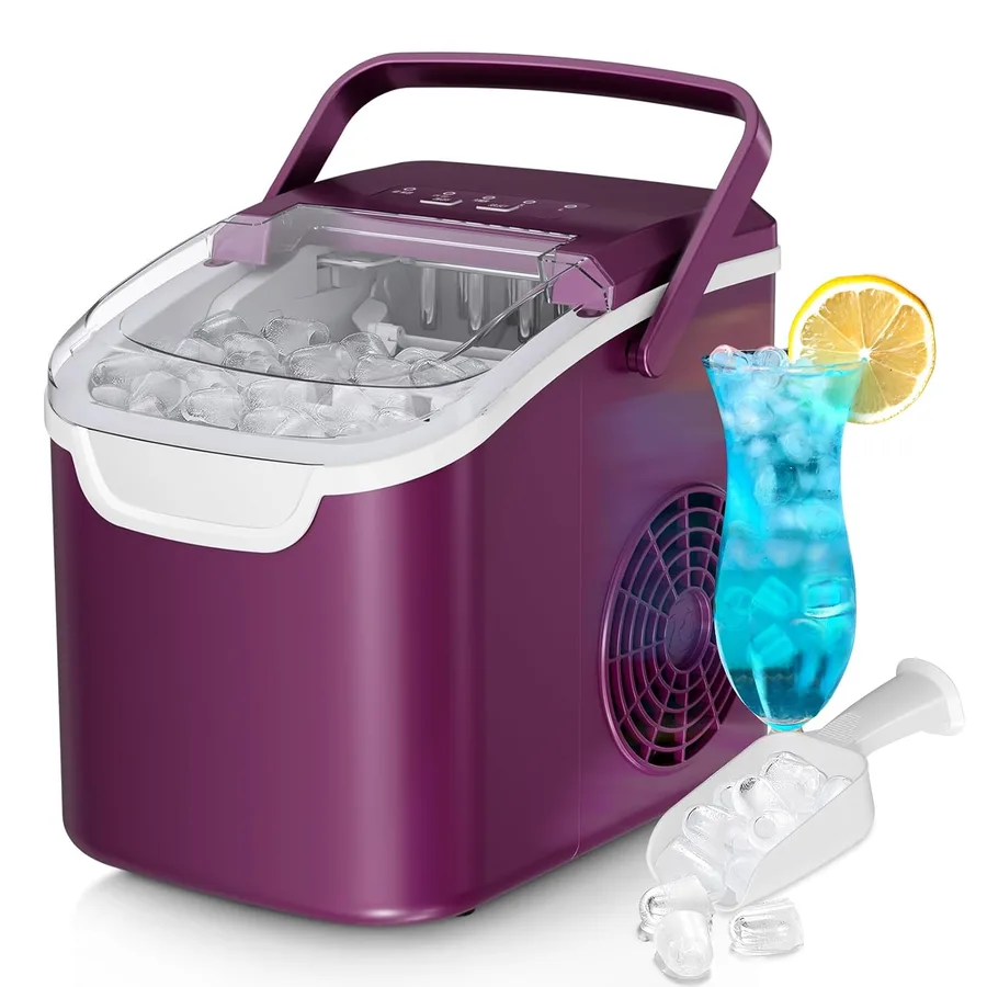 Countertop Ice Maker Machine, 8 Ice Cubes in 6 mins, 26lb/Day Bullet Ice with 2 Sizes- Portable Mini, Energy Saving & Basket/Scoop for Home/Party/Travel/Camping/Bar,Purple | 8 bullet ice in 6min, 2 sizes, energy-saving, portable handle, Self-Cleaning, basket/scoop for Home/bar/RV/camping. Purple