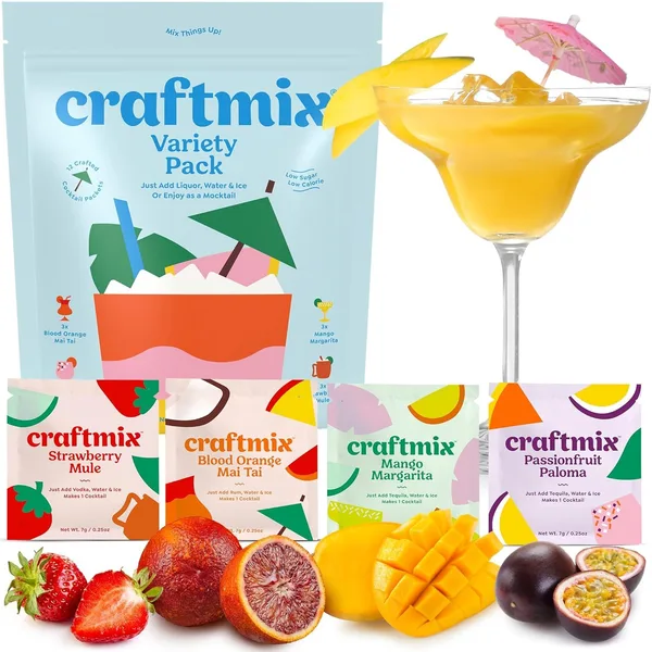 Craftmix Variety Pack Cocktail & Mocktail Drink Mixer, Skinny Mixes - Water Flavoring Packets - Made With Real Fruit - Vegan