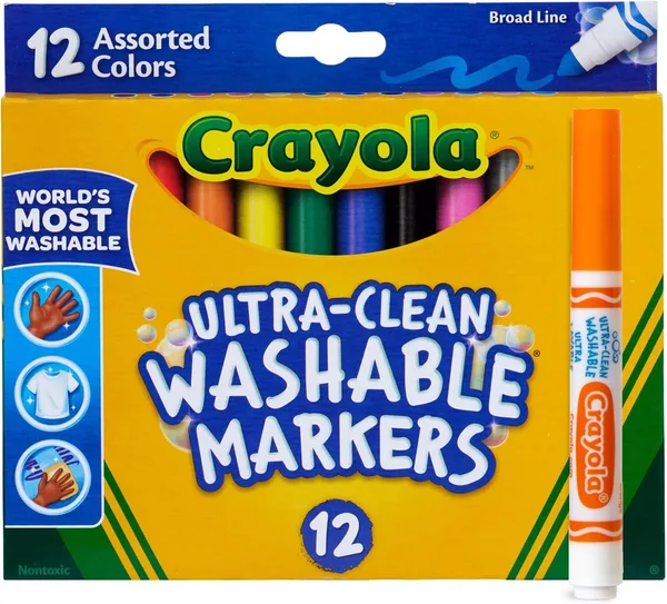 Crayola Broad Line Markers (12 Count), Washable Markers for Kids, Assorted Colors, Arts & Crafts Supplies, For Coloring Books