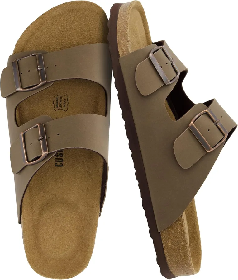 CUSHIONAIRE Lane Cork Footbed Mens Sandals, Adjustable Buckle Comfort Slides for Men, Genuine Leather Insole Summer Sandals M