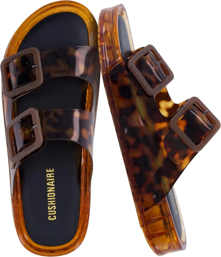 CUSHIONAIRE Pool Slides for Women Water Resistant Double Buckle Adjustable Slip-On Womens Sandals for Beach Shower Casual Wea