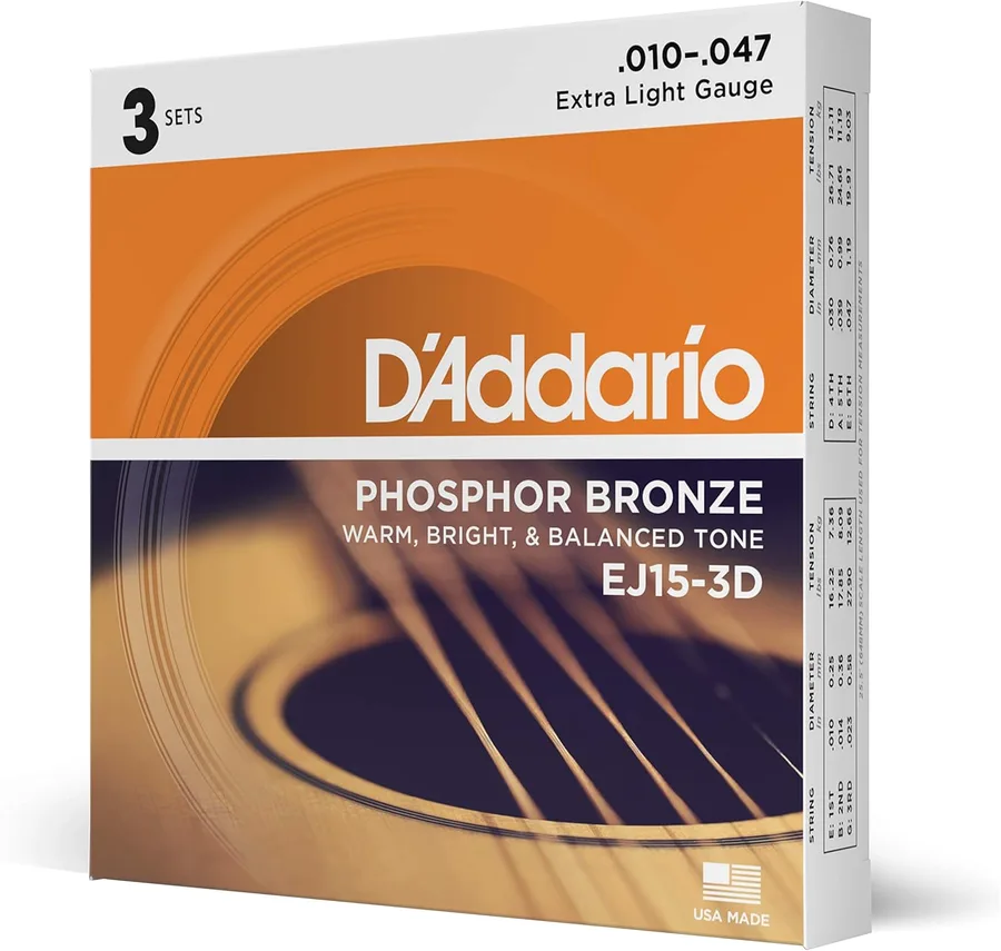 D'Addario EJ15-3D Phosphor Bronze Acoustic Guitar Strings 10-47, 3 Sets | Phosphor bronze acoustic guitar strings offer warm, bright, balanced tone, reliable intonation, durable feel and playability.