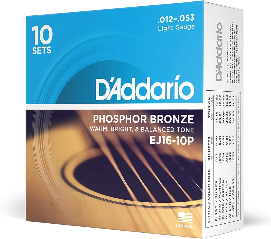 D'Addario EJ16-10P Phosphor Bronze Acoustic Guitar Strings 12-53, 10 Sets | Phosphor bronze acoustic guitar strings offer warm, bright, balanced tone, reliable intonation, durable feel and playability.