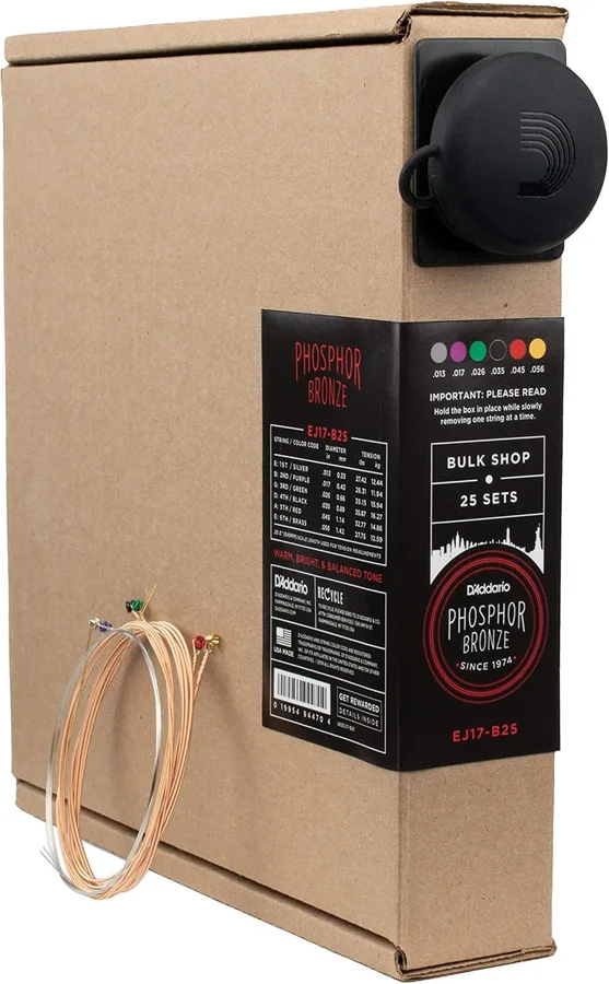 D'Addario EJ17-B25 Phosphor Bronze Acoustic Guitar Strings 13-56, 25 Sets | Phosphor bronze acoustic guitar strings offer warm, bright, balanced tone, reliable intonation, durable feel and playability.