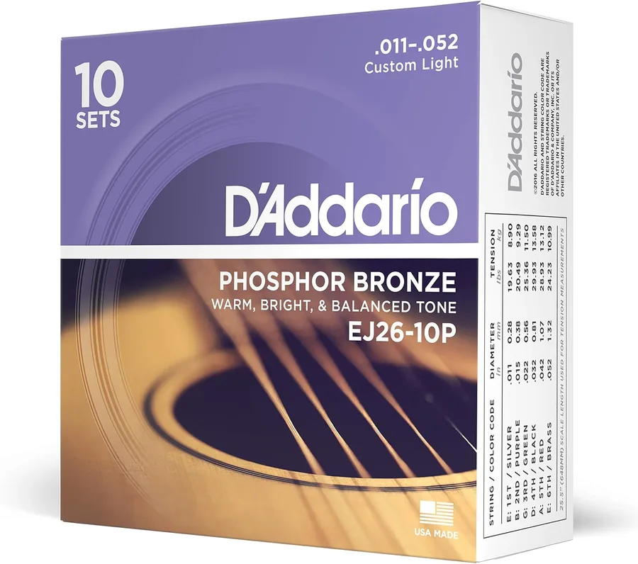 D'Addario EJ26-10P Phosphor Bronze Acoustic Guitar Strings 11-52, 10 Sets | Phosphor bronze acoustic guitar strings offer warm, bright, balanced tone, reliable intonation, durable feel and playability.