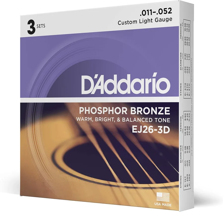 D'Addario EJ26-3D Phosphor Bronze Acoustic Guitar Strings 11-52, 3 Sets | Phosphor bronze acoustic guitar strings offer warm, bright, balanced tone, reliable intonation, durable feel and playability.