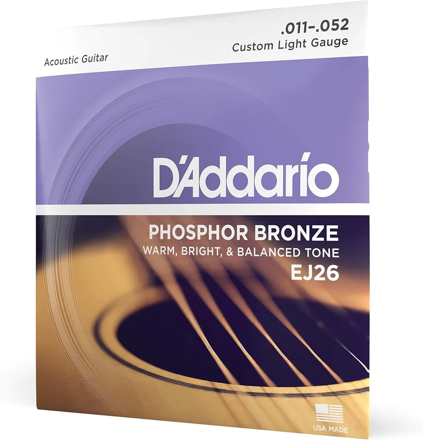D'Addario EJ26 Phosphor Bronze Acoustic Guitar Strings, Custom Light 11-52 | Phosphor bronze acoustic guitar strings offer warm, bright, balanced tone, reliable intonation, durable feel and playability.