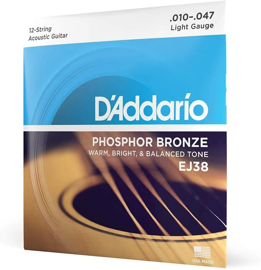 D'Addario EJ38 Phosphor Bronze 12-String Acoustic Guitar Strings 10-47 Set | Phosphor bronze acoustic guitar strings offer warm, bright, balanced tone, reliable intonation, durable feel and playability.