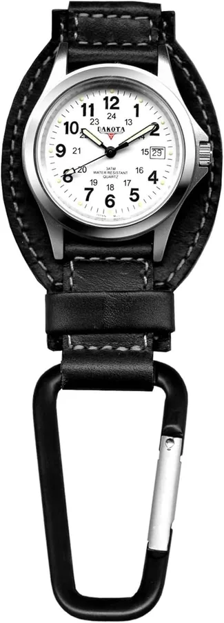 Dakota Leather Clip Watch, Military Dial, Waterproof