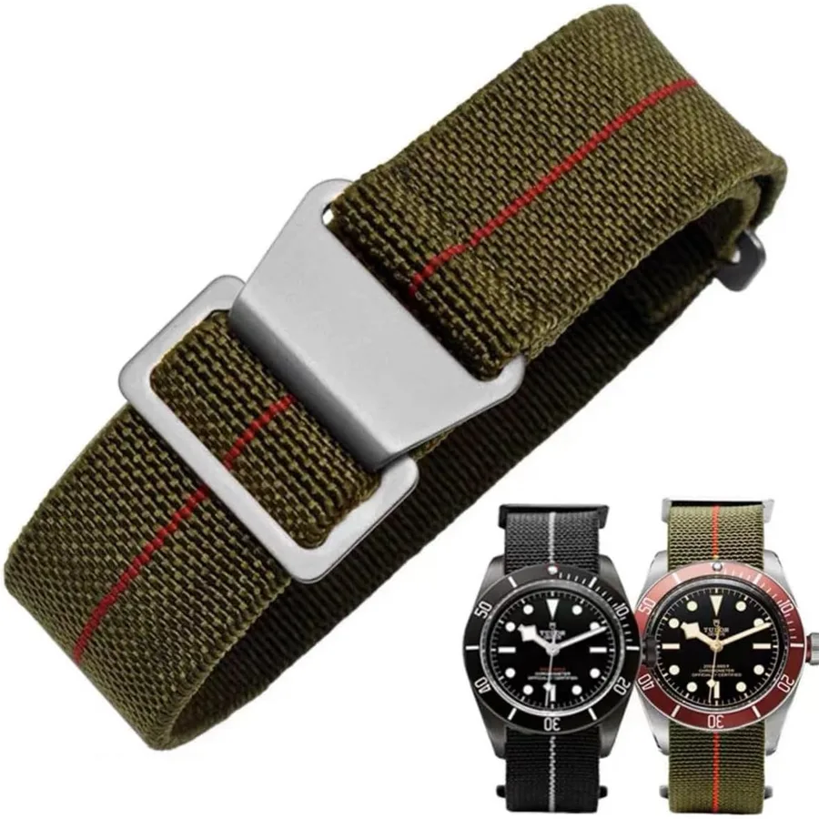 Danxancy French Troops Paratrooper Watchband,Military Elastic Nylon Watch Strap with Hook-and-Loop for Men Women Silver & Bla