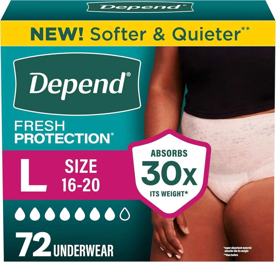 Depend Fresh Protection Adult Diapers, Incontinence Underwear for Women, Disposable, Maximum, Large, Blush, 72 Count (2 Packs of 36), Packaging May Vary