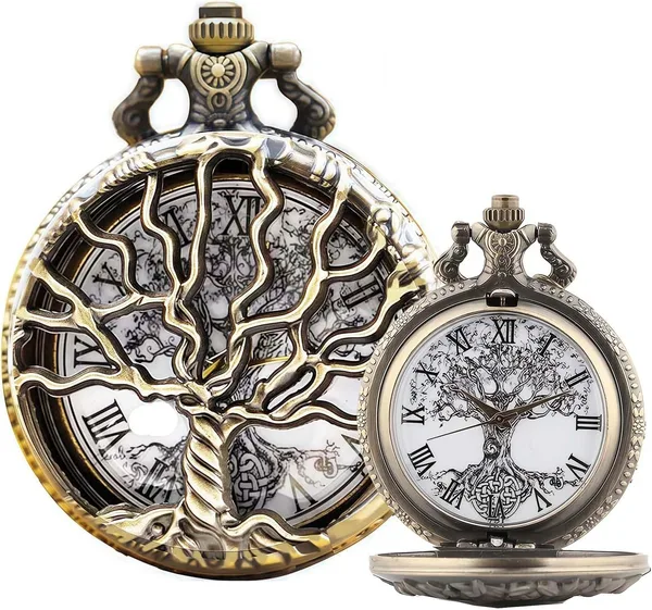 DerMacht Pocket Watch Hollow Tree Design Roman Numerals Quartz Analog Antique Fob Watches