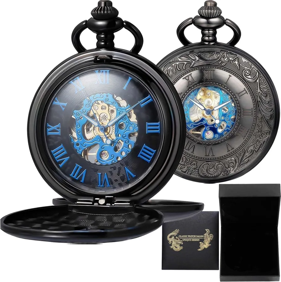 DerMacht Skeleton Pocket Watches Mechanical Roman Numerals Dial with Box and Chains for Mens Women