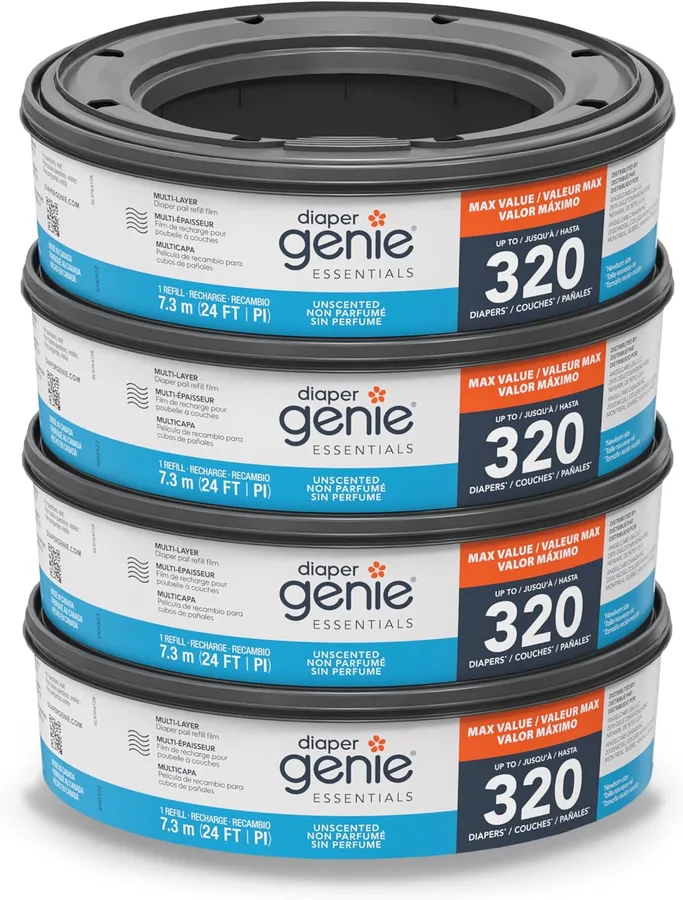 Diaper Genie Essentials Round Refill Pack of 4 | Holds Up to 1280 Newborn Diapers | Features Unscented Continuous Film | Comp