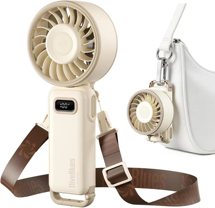 Diveblues Portable Handheld Fan D6036 Cream | 7.4m/s High Speed Turbo, 180° Foldable 4-in-1, Personal Neck Fan with Carabiner