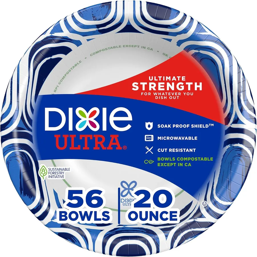 Dixie Ultra, Large Paper Bowls, 20 Oz, 56 Count, Microwave Safe, Compostable, Disposable Bowls Great For Breakfast, Lunch, An