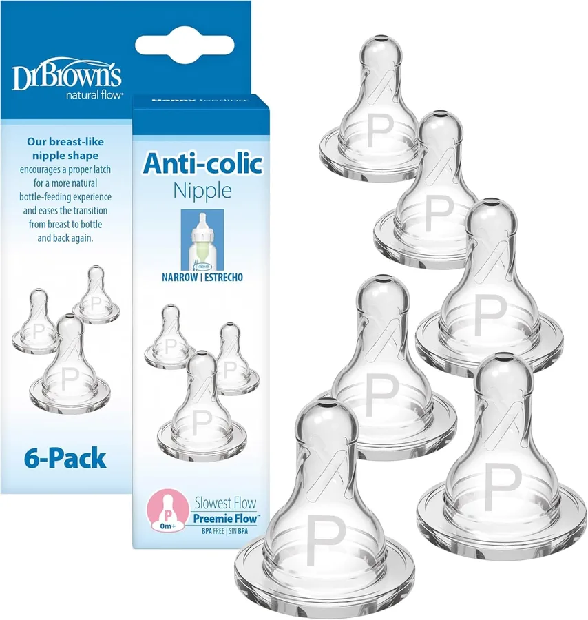 Dr. Brown’s Natural Flow Preemie Flow Narrow Baby Bottle Silicone Nipple,Slowest-Flow,0m+,100% Silicone Bottle Nipple,6 Count (Pack of 12)