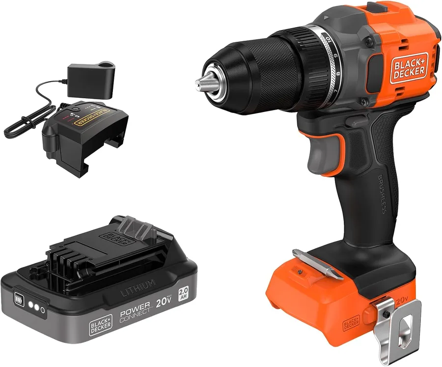 Drill, 20V MAX POWERCONNECT Cordless Brushless ½-in. Power Drill Driver with 2Ah Battery and Charger, Double Ended Screwdriver Bit, LED Light, Ergonomic Grip, Lightweight (BLD782D1)
