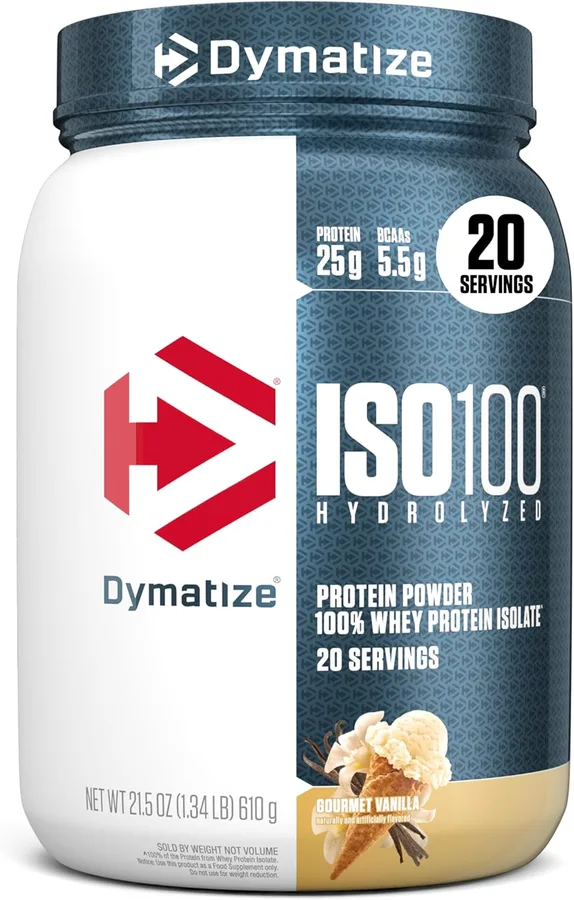 Dymatize ISO100 Whey Protein Powder Isolate, Gourmet Vanilla, 25g of Protein, 5.5g BCAAs, Less Than 120 Cal., Gluten Free, 1g
