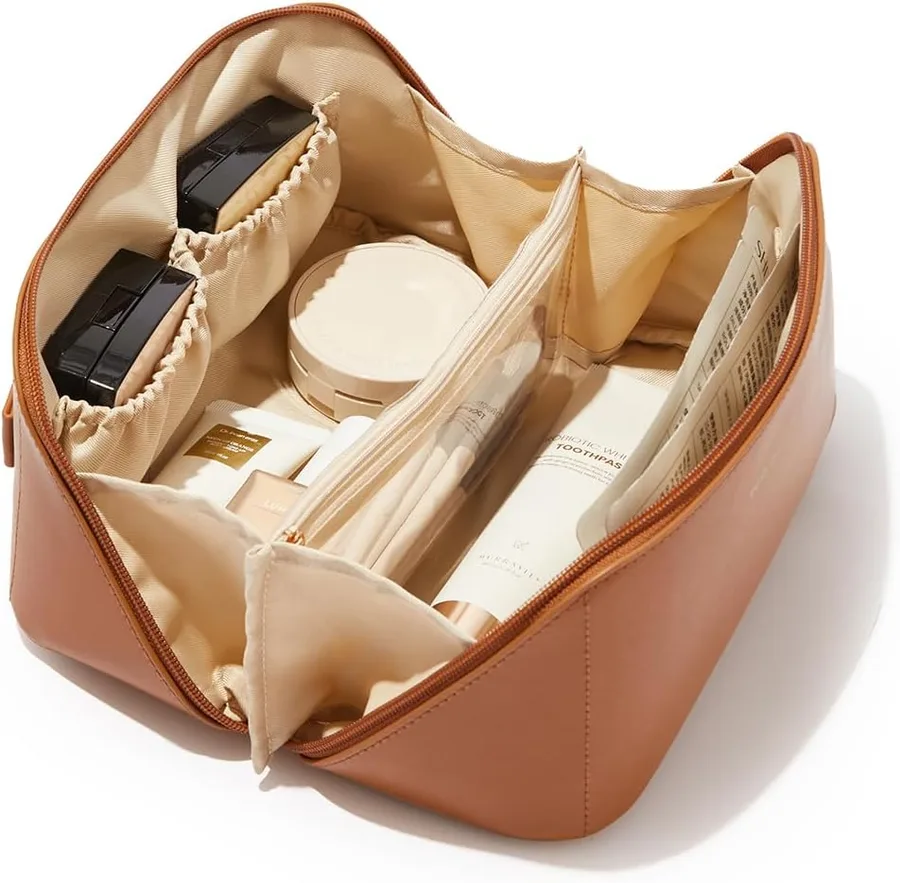 EACHY Travel Makeup Bag, Large Capacity Cosmetic Bag for Women, Waterproof PU Leather, Flat Open Portable Toiletry Bag for Sk