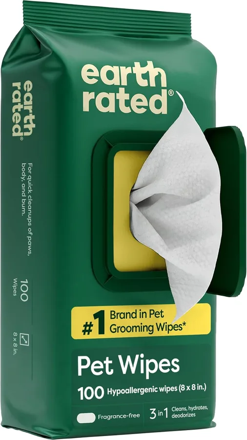 Earth Rated Pet Wipes for Dogs and Cats, Hypoallergenic, 3-in-1 Cleaning, Deodorizing and Hydrating, for Grooming Paws, Body