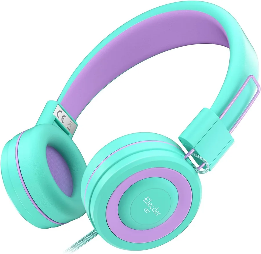 ELECDER i37 Kids Headphones for School Children Girls Boys Teens, Green | Foldable Adjustable Lightweight, 3.5mm Audio Jack O