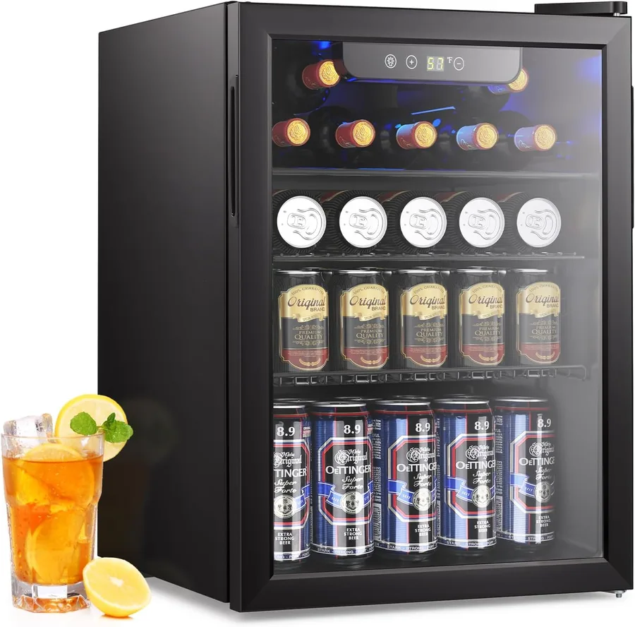 Electactic 2.6 Cu.ft Beverage Refrigerator Cooler, 95 Can Mini Fridge Glass Door with Adjustable Shelves, Digital Temperature Display, Freestanding Small Drink Fridge for Home, Office or Bar(Black)