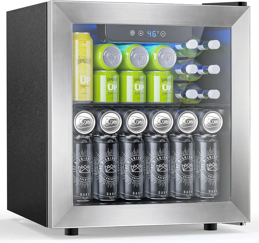 Electactic 48 Can Beverage Refrigerator,12 Bottle Wine Cooler with Stainless Steel Glass Door, Digital Temperature Display, Countertop Mini Fridge for Soda, Wine or Beer, Silver