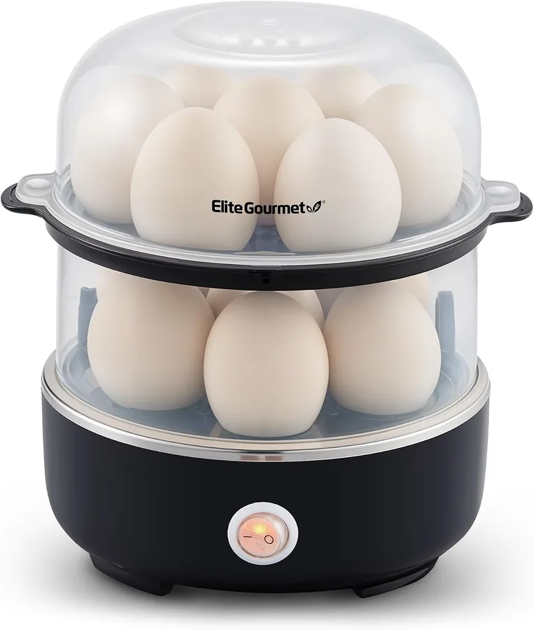 Elite Gourmet EGC1215B Easy Egg Cooker, Two-Tiered, 14-Egg, Black | Steel heating plate cooks soft, medium, hard-boiled eggs, omelets, poached eggs - auto shut-off - measuring cup, piercing pin