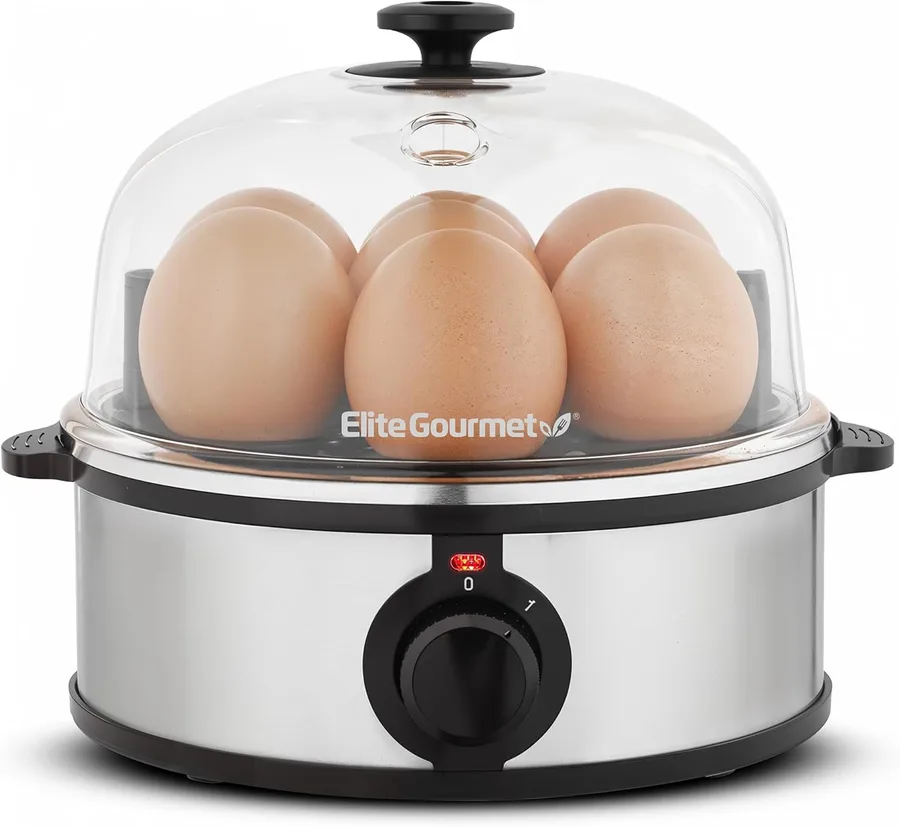 Elite Gourmet EGC724SS Egg Boiler Cooker, 7-Egg Poacher/Omelet Maker, Steel | Cooks soft, medium, or hard-boiled eggs, also scrambles - auto shut-off with buzzer - measuring cup included - BPA-free