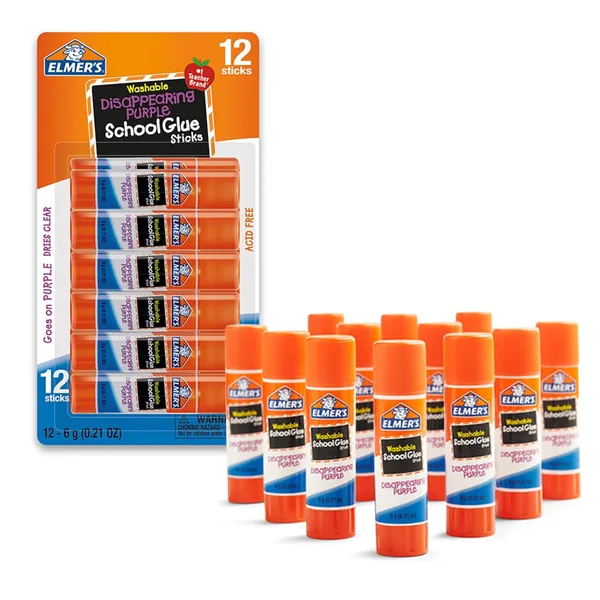 Elmer's Disappearing Purple School Glue Sticks, Washable, 6 Grams, 12 Count - Arts & Crafts, Poster, Projects, Back to School