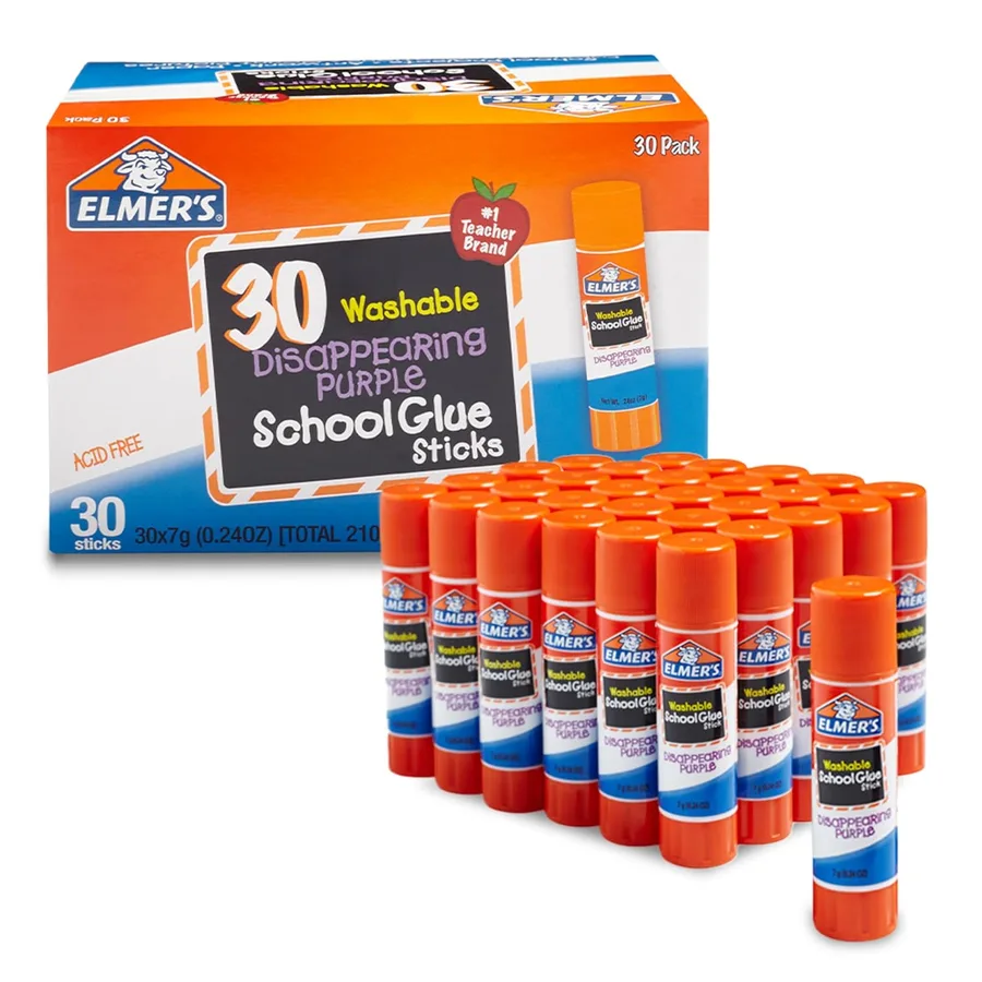 Elmer's Disappearing Purple School Glue Sticks, Washable, 7 Grams, 30 Count - Posters, Back to School, Bulk Pack for Classroo