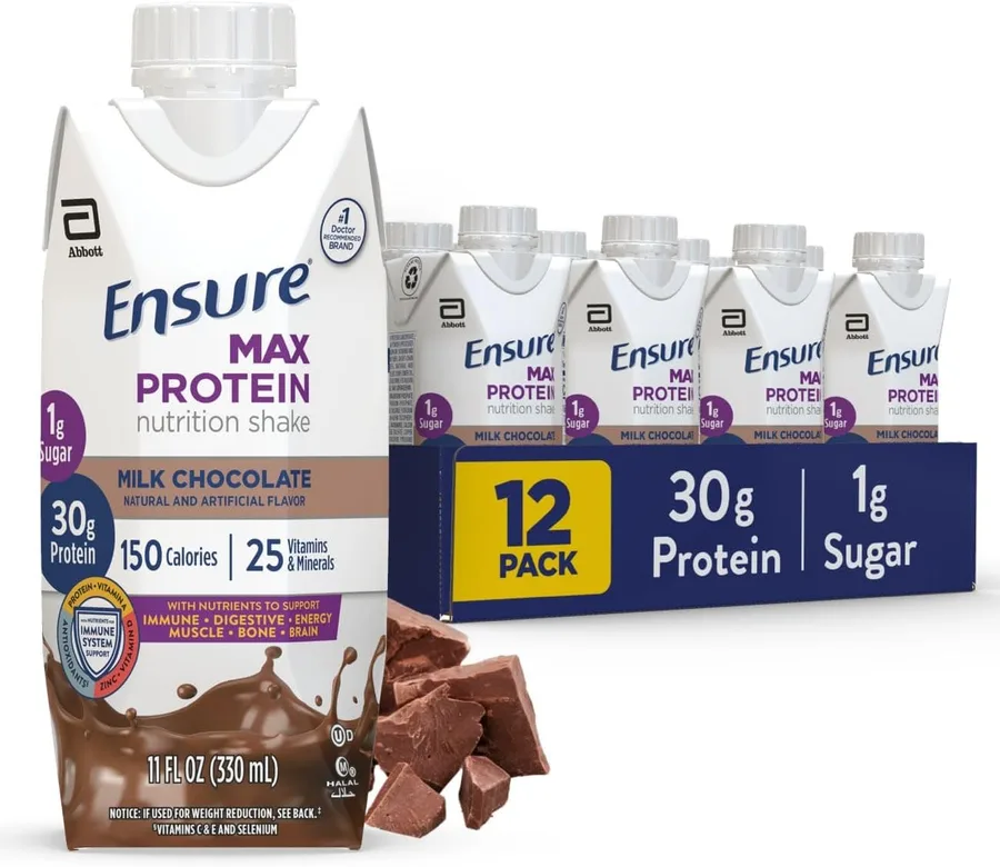 Ensure Max Protein Shake | Milk Chocolate | Ready to Drink | 30g Protein for Muscle Health | 1g Sugar, 4g Fiber | 11 fl oz, 1