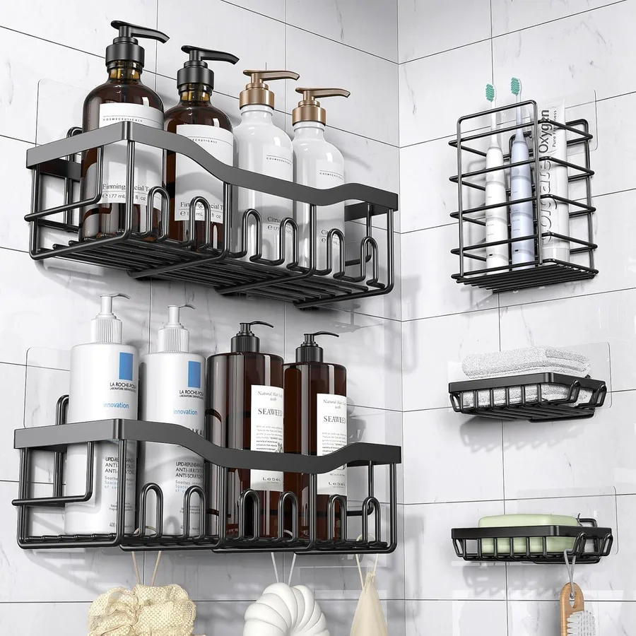 EUDELE Adhesive Shower Caddy, 5 Pack Rustproof Stainless Steel Bath Organizers With Large Capacity, No Drilling Shelves for B