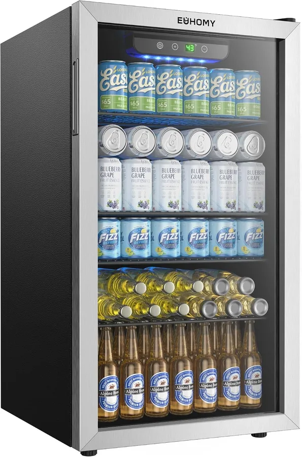 EUHOMY Beverage Refrigerator and Cooler, 128 Can Mini fridge with Glass Door, Small Refrigerator with Removable Shelves for Soda Beer or Wine, Perfect for Home/Bar/Office, Silver
