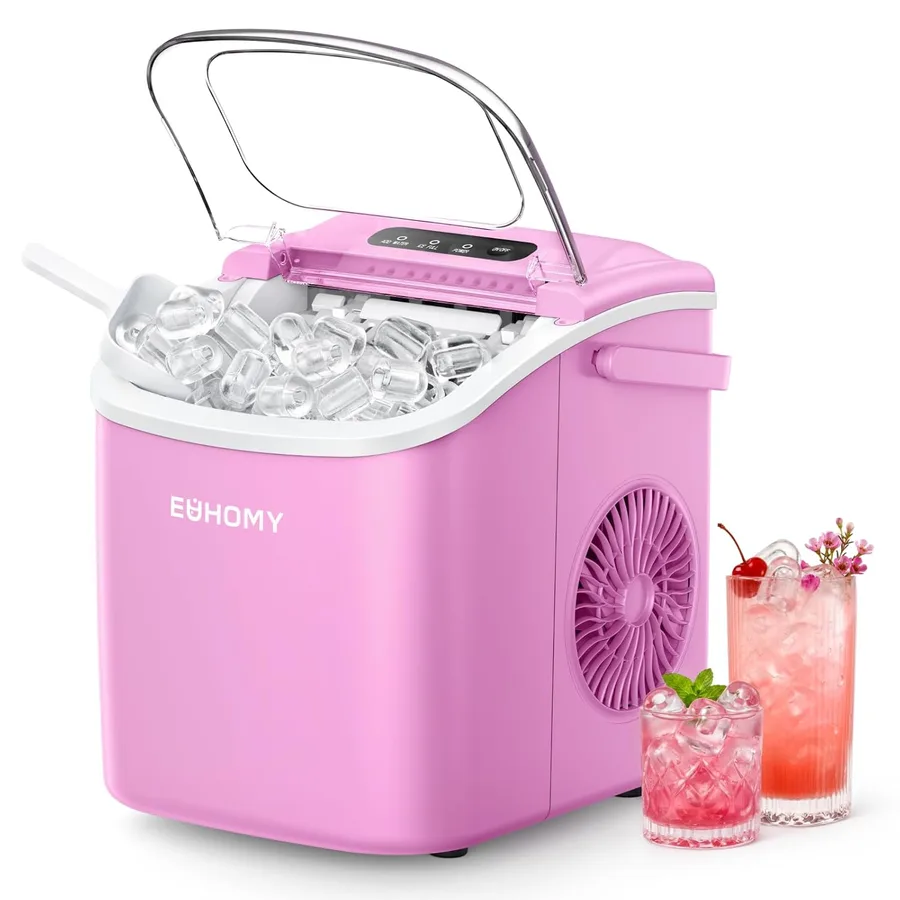 EUHOMY Countertop Ice Maker Machine with Handle, 26lbs in 24Hrs, 9 Ice Cubes Ready in 6 Mins, Auto-Cleaning Portable Ice Maker with Basket and Scoop, for Home/Kitchen/Camping/RV. (Pink)