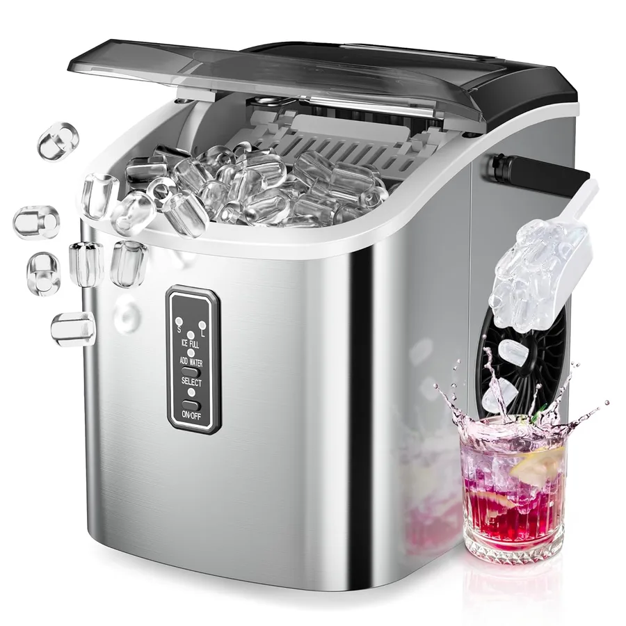 EUHOMY Ice Maker Countertop, 9 Cubes Ready in 6 Mins, 26lbs/24H, Self-Cleaning, Portable Ice Maker Machine with Carry Handle, Basket and Scoop, 2 Sizes of Bullet Ice for Home, Kitchen, Office