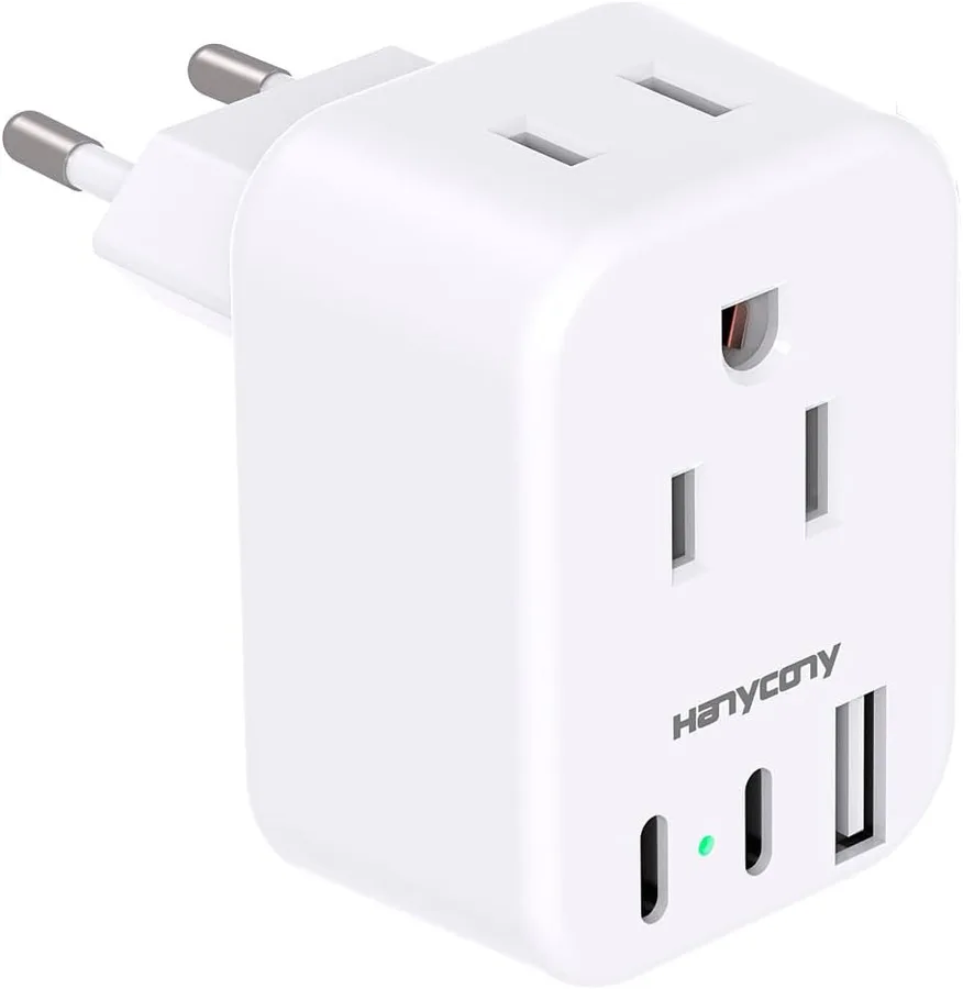 European Travel Plug Adapter, International Power Adapter, US to Europe | HANYCONY 2 Outlets 3 USB Ports(2 USB C), Type C Plug Adapter to Italy Spain France Portugal Iceland Germany Travel Essentials