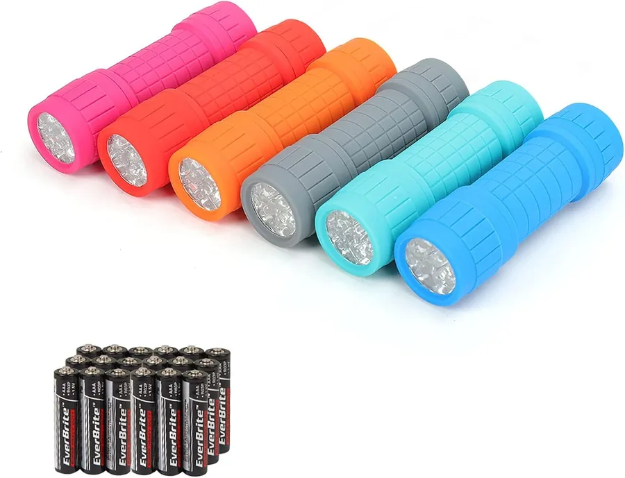 EverBrite 9-LED Flashlight 6-Pack Impact Handheld Torch Assorted Colors with Lanyard 3AAA Battery Included (Hurricane Supplie