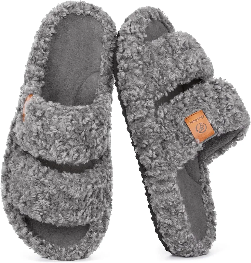 EverFoams Womens Fuzzy Open-toe Slippers Soft Comfy Memory Foam Indoor House Shoes