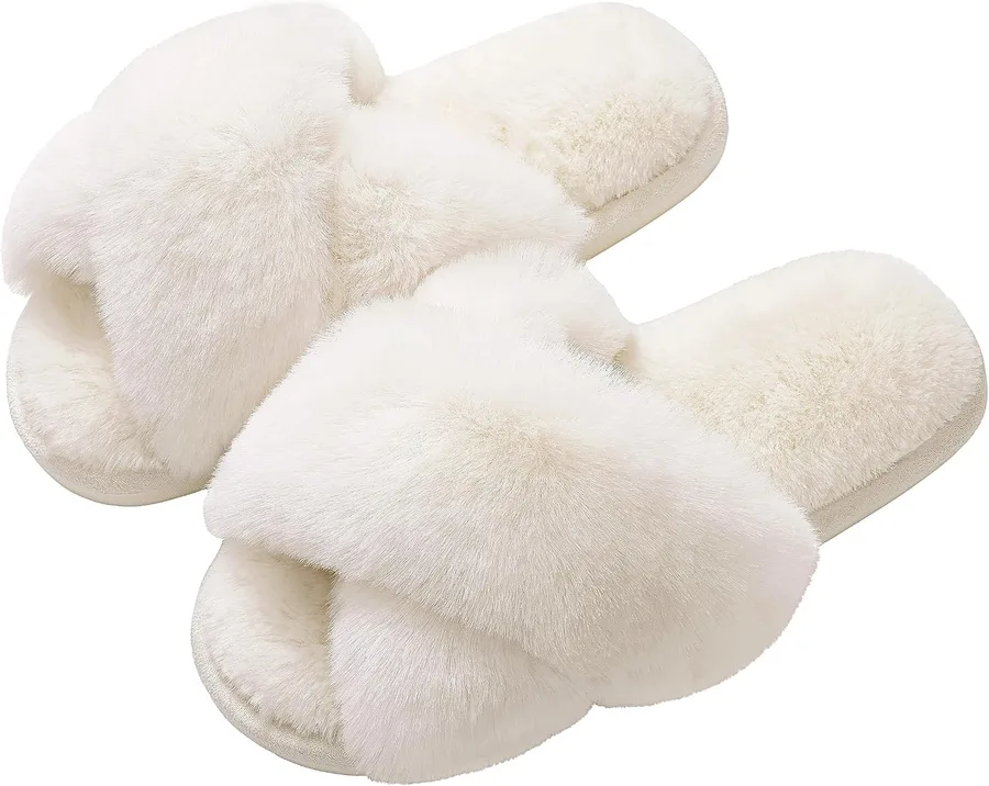 Evshine Memory Foam Fuzzy House Slippers for Women | Faux Fur Cross Band Open Toe Indoor Slippers, Gifts for Women, Moms and