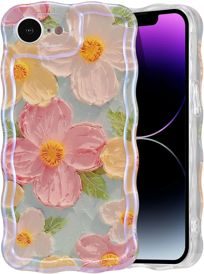 EYZUTAK Case for iPhone 17e/iPhone 16e, Colorful Retro Oil Painting Printed Flower Laser Glossy Pattern Cute Curly Wave Edge