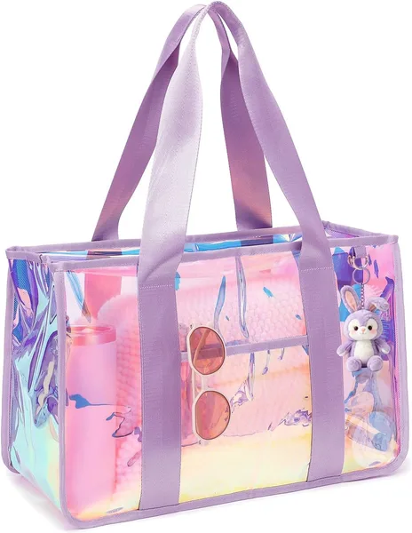 Fammart Iridescent Clear Beach Bags Waterproof Sandproof for Women, Large Jelly Tote Zipper Pool Bag Cruise Essentials 2026