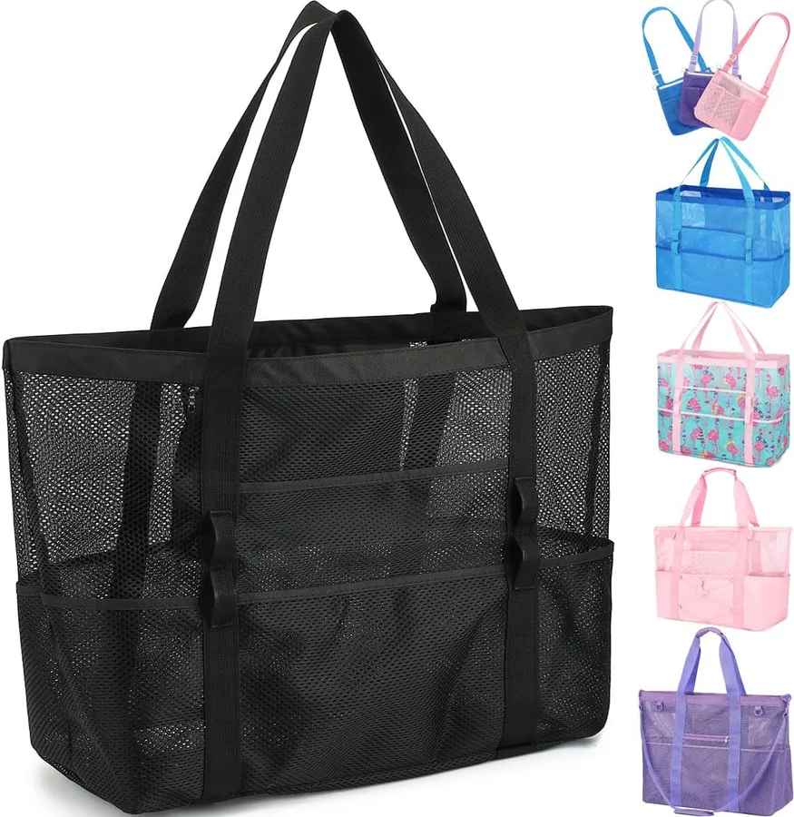 Fammart Mesh Beach Bag for Women, Large Beach Toy Pool Bag with Zipper Pocket, SandProof Cruise Essentials 2026 Family Travel