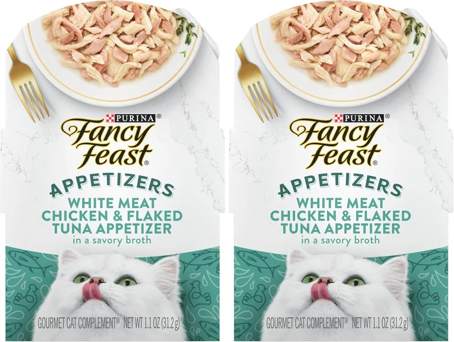 Fancy Feast Purina Appetizers Lickable Grain Free Wet Cat Food Topper White Meat Chicken and Flaked Tuna Appetizer - 1.1 oz. Trays,(Pack of 20)
