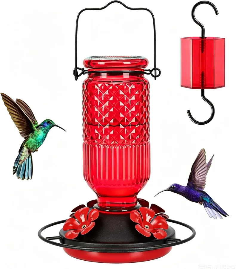 FEED GARDEN Glass Hummingbird Feeder for Outdoors Hanging, 16 oz Leak-Proof Nectar Feeder with Bee Guards & Ant Moat, 4 Metal