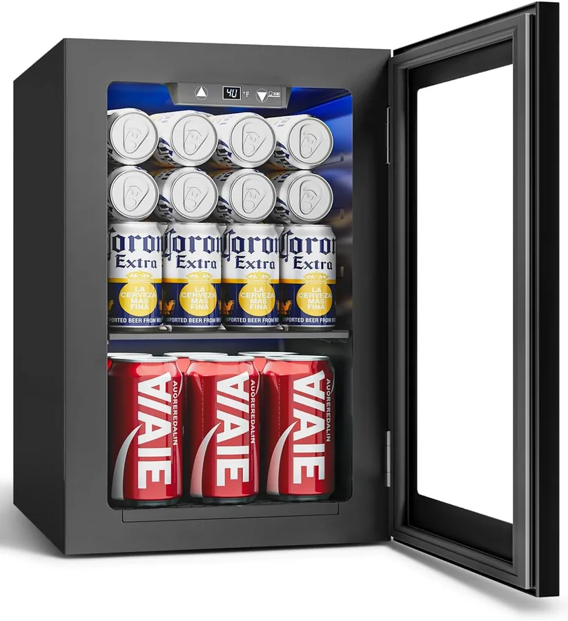 Feelfunn 24 Can Beverage Refrigerator, Mini Fridge, Black | 40-61°F temp control, whisper-quiet ≤38dB, holds 24 cans, removable shelf. Ideal for office, dorm, bedroom, home bar